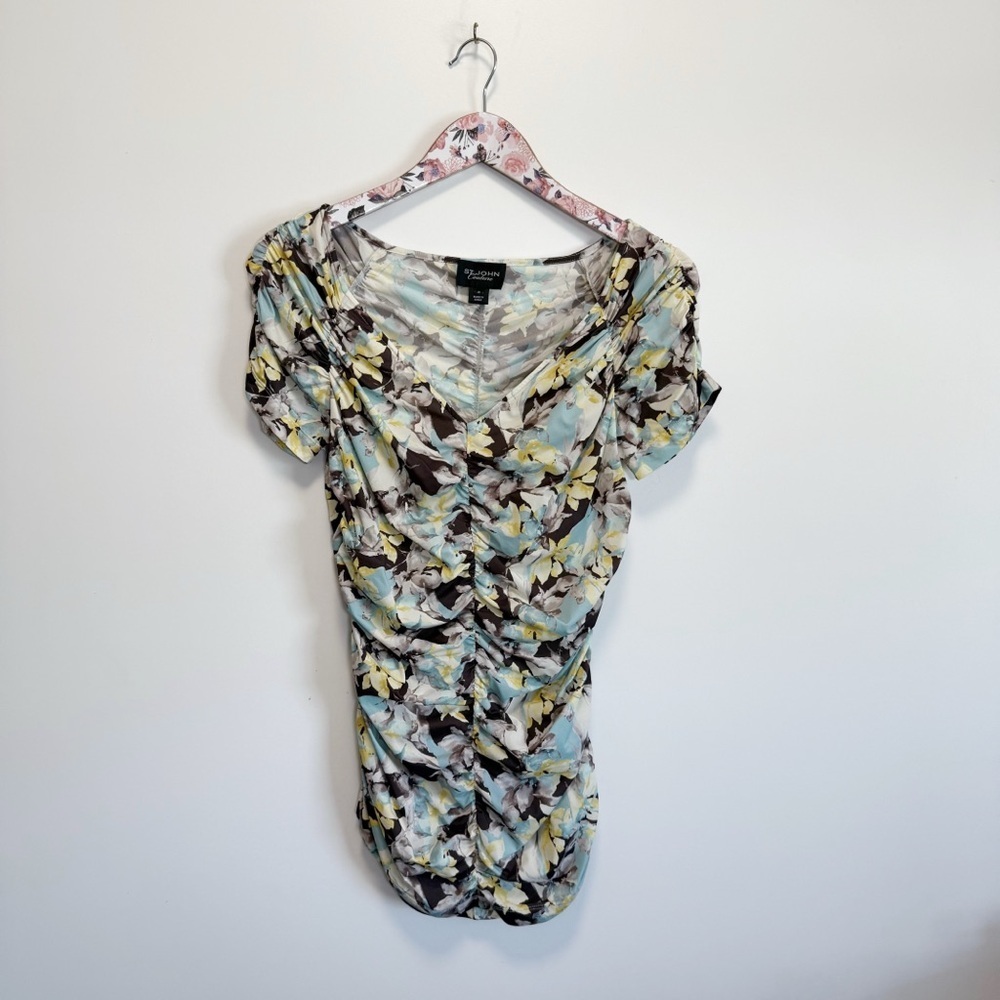 ST. JOHN Couture Printed Ruched Short Sleeve Top Blouse Blue M Medium Shell